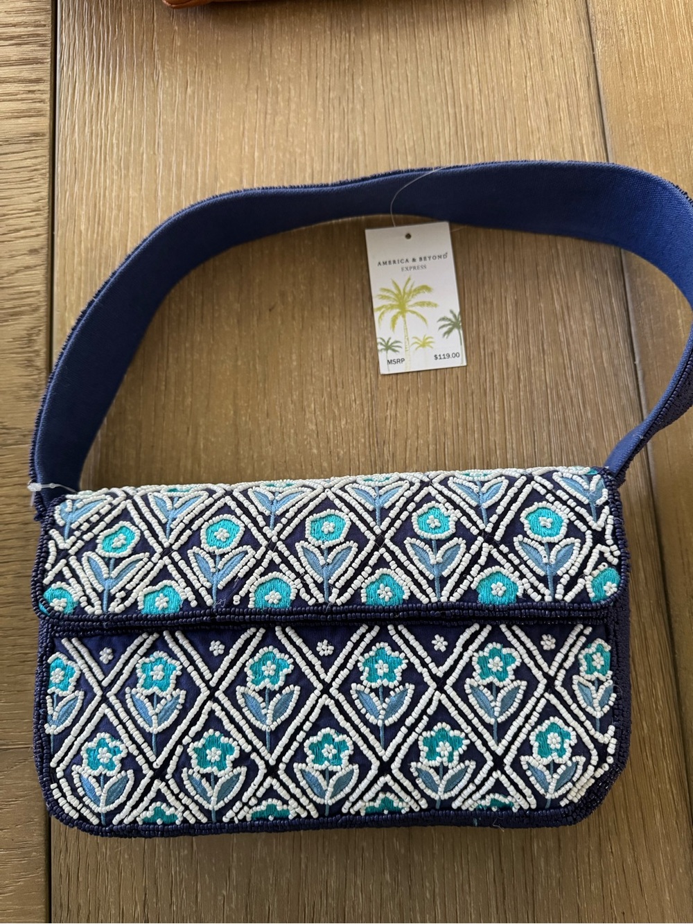 Embroidered Navy Shoulder Bag with Turquoise Accents